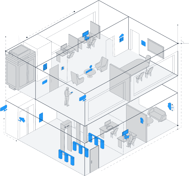 A diagram of a room with blue arrows indicating various areas
