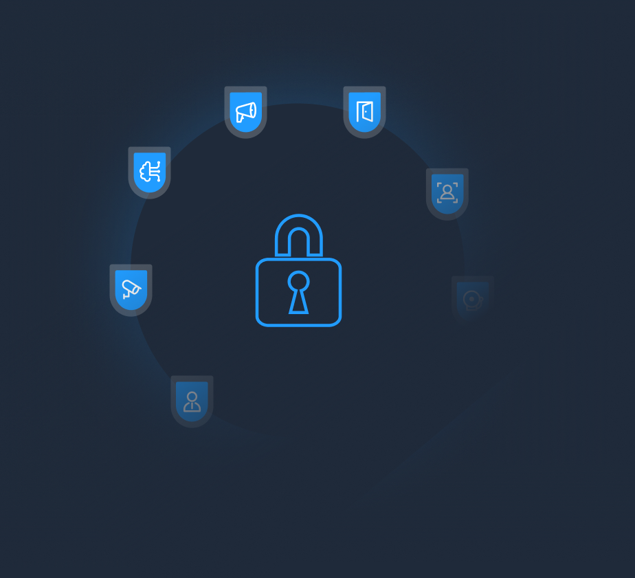 Lock the symbol in a blue circle with surrounding icons.
