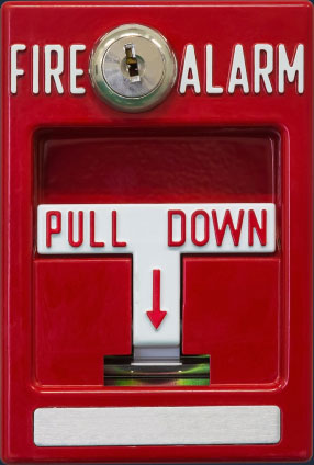 Emergency fire alarm with accessible pull-down button.
